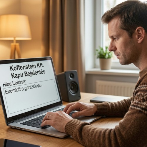 Garázskapu hibaelhárítás menete - 1. lépés: gyors online bejelentés laptopon keresztül a Koffenstein Kft. felületén, az elromlott garázskapu hiba leírásával.