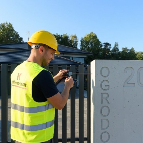Kertkapu automatizálás lépései - 2. lépés: precíz helyszíni felmérés digitális eszközökkel, a Koffenstein Kft. logózott munkaruhát viselő szakembere egy modern szürke pálcás kapunál.