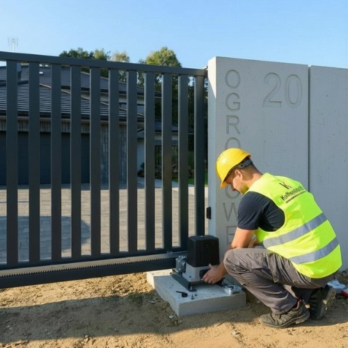 Kertkapu automatizálás lépései - 3. lépés: szakszerű és pontos kivitelezés, az automata kapunyitó motor és a fogasléc rögzítése a beton alapra a szürke úszókapu mellé – Koffenstein Kaputechnika Kft.