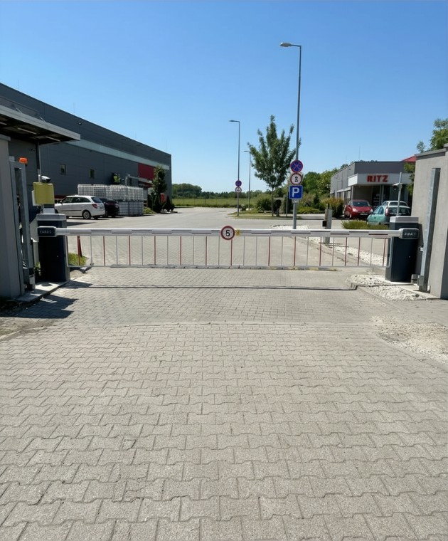 Logisztikai központ és gyártelep bejáratához szerelt, szoknyás kivitelű CAME ipari sorompó beléptető rendszer sebességkorlátozó táblával – Koffenstein Kaputechnika Kft.