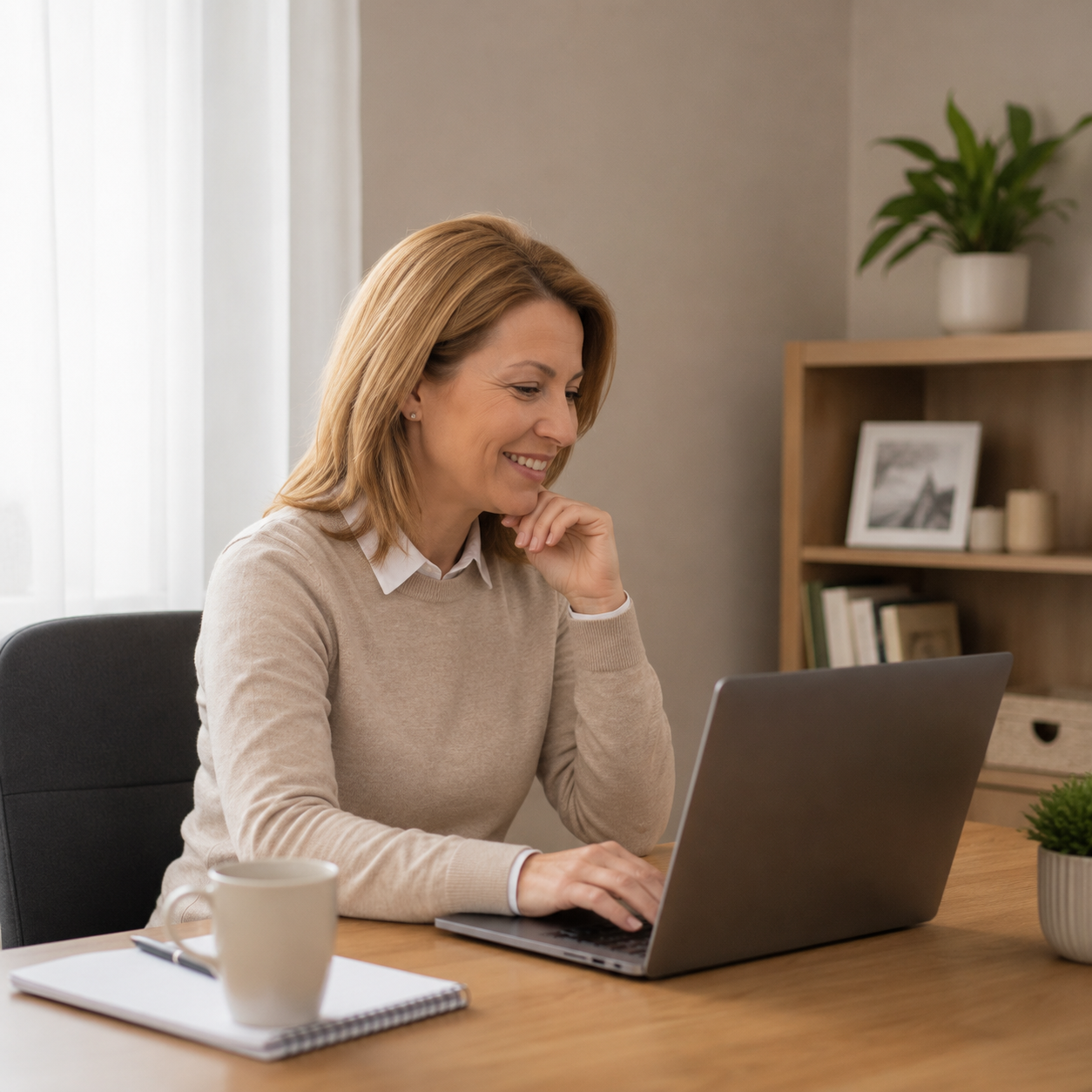 1. lépés Mosolygó nő laptop előtt az otthoni irodájában, kényelmes online kapcsolatfelvétel és ajánlatkérés lakossági garázskapu telepítés és automatizálás céljából – Koffenstein Kaputechnika Kft.