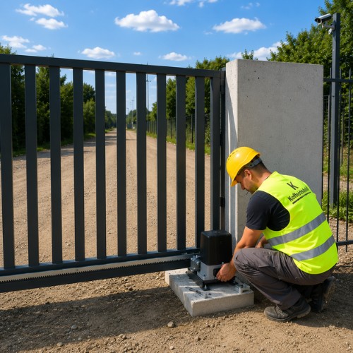 Kertkapu automatizálás lépései - 3. lépés: szakszerű és pontos kivitelezés, az automata kapunyitó motor és a fogasléc rögzítése a beton alapra a szürke úszókapu mellé – Koffenstein Kaputechnika Kft.