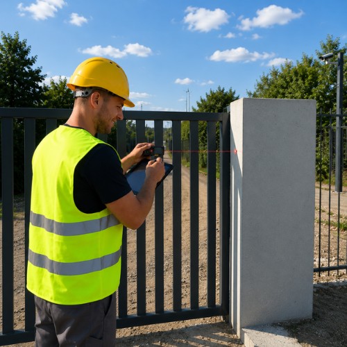 Kertkapu automatizálás lépései - 2. lépés: precíz helyszíni felmérés digitális eszközökkel, a Koffenstein Kft. logózott munkaruhát viselő szakembere egy modern szürke pálcás kapunál.